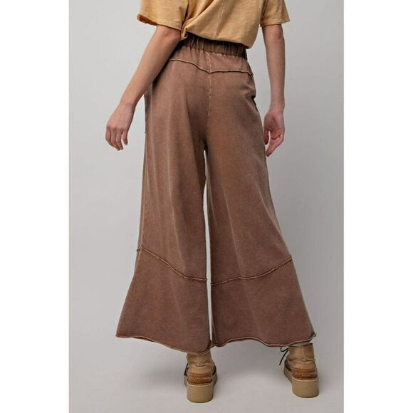 Easel Washed Terry Knit Wide Leg Boho Bohemian Pants in Choco Brown S-L EB40706 - Picture 5 of 5